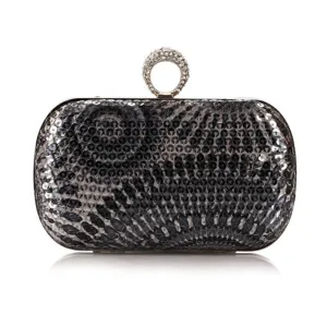 Elegant sequin evening clutch bag with sparkling rhinestone ring top handle for women party.