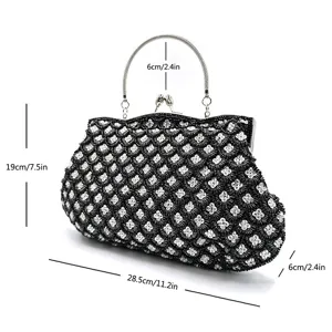 Beaded evening bag detail showing length 28.5cm, height 19cm, width 6cm, and handle drop.