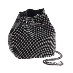 Black rhinestone bucket bag sparkling crystal evening purse stylish metal chain handbag