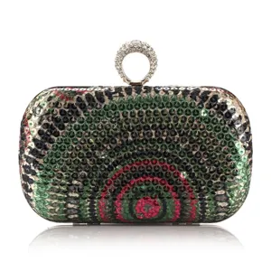 Elegant sequined evening clutch bag with rhinestone ring handle for party prom cocktail use.