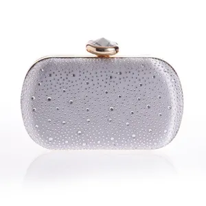 Close-up detail of silver rhinestone evening clutch bag with crystal gemstone clasp decoration.