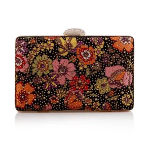 Colorful floral print rhinestone evening clutch bag with crystal clasp for women parties.