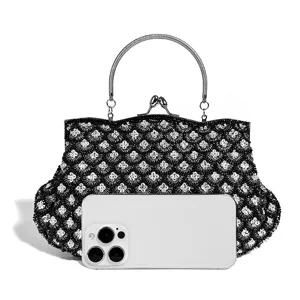 Beaded evening clutch bag with metallic handle and fish scale pattern for women parties.