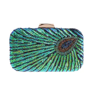 Exquisite peacock sequin embroidered hard shell evening party clutch bag product detail