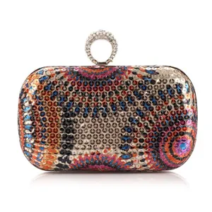 Stunning colorful sequin evening clutch bag with sparkling crystal ring clasp for party.