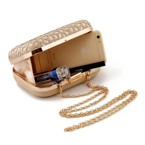 Detail view of a hollow metallic evening clutch bag with a gold chain strap, elegant style.