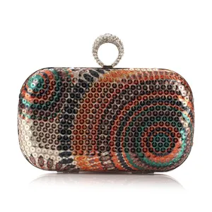 Detailed view of the sparkling sequin evening clutch with crystal ring handle and design.