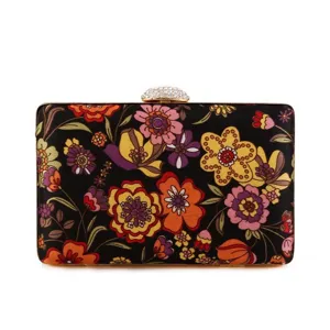 Floral print evening clutch bag with sparkling rhinestone clasp, elegant detail view for women.