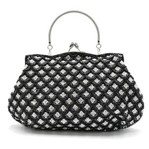 Elegant black beaded evening clutch bag with metal handle and stunning floral sequin pattern.