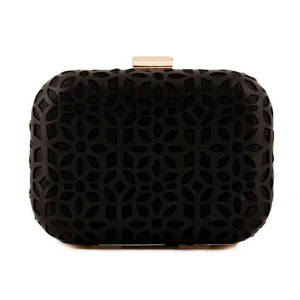Black PU leather evening clutch bag with gold-tone clasp and intricate geometric cutout pattern.