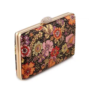 Floral print rhinestone clutch bag, elegant evening party shoulder bag with metallic gold frame.