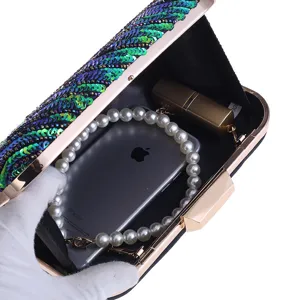 Sequined Peacock Evening Clutch Bag Elegant Beaded Hard Shell Party Purse with Pearl Strap