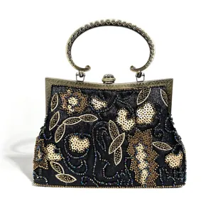 Vintage Evening Bag Women Sequins Beaded Embroidery Clasp Handbag Retro Qipao Dress Banquet Party Clutch Bag