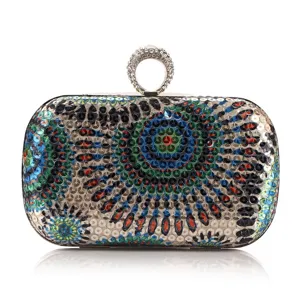 Elegant sequin evening clutch bag with sparkling rhinestone ring handle for women party wedding.
