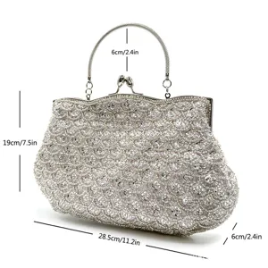 Silver beaded evening bag clutch purse with metal handle and dimension details for women.