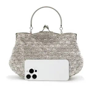 Beaded evening bag women's clutch metallic frame fish scale design formal party handbag