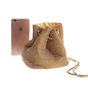 Gold rhinestone evening bucket bag with chain strap, luxury crystal shoulder party handbag.