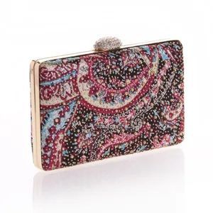 Elegant rhinestone crystal clasp paisley print hard case evening clutch bag for women party.