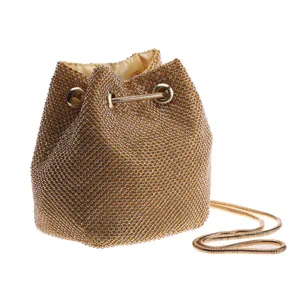 Rhinestone bucket evening bag with gold chain strap, luxury sparkle clutch purse for party.