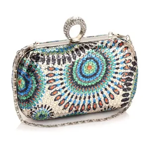 Women Evening Bag Sequins Printed Hard Shell Clutch Purse With Rhinestone Ring Clasp For Banquet Party