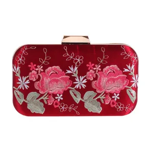 Red satin evening clutch bag with exquisite pink rose embroidery detail, elegant gold clasp.