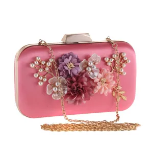 Women's Luxury Evening Clutch Bag PU Leather Floral Artificial Pearl Chain Shoulder Handbag Wedding Party Prom Purse