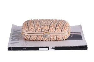 Handmade pearl rhinestone evening clutch bag, elegant beaded bridal purse for wedding party.