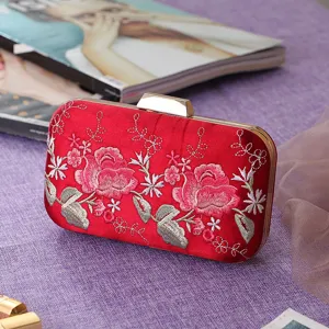 Elegant red embroidered evening clutch bag with gorgeous gold metal frame for party.