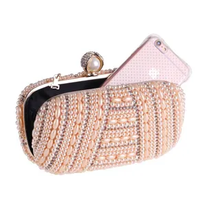 Handcrafted pearl evening clutch bag with rhinestones, elegant bridal wedding purse for women.