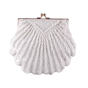 Elegant handmade white beaded shell evening bag, chic wedding clutch purse for women.