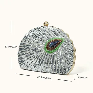 Exquisite beaded evening clutch bag with peacock feather sequin design for formal party events.