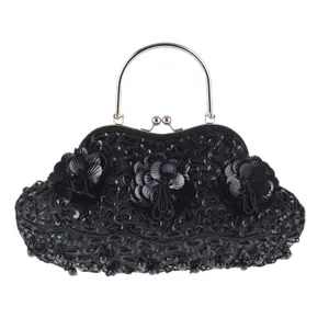 Retro schwarze Pailletten Perlen Abendtasche mit Metallgriff, elegante Handtasche für Party.