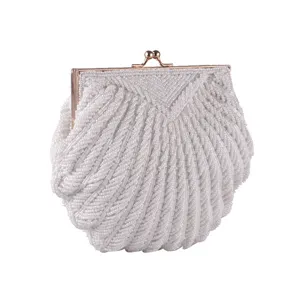 White handmade beaded shell evening bag women elegant clutch purse for wedding and party.