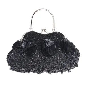 Elegante schwarze Pailletten Perlen Abendtasche Clutch mit Metallrahmen fuer Damen Party.
