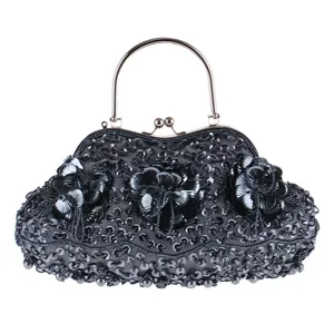 Schwarze Pailletten Perlen Abendtasche, elegante Retro handgemachte Metallrahmen Handtasche.