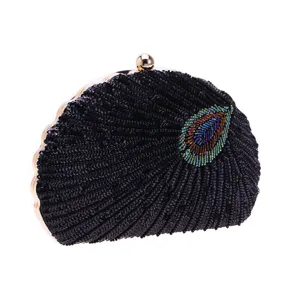 Black sequined beaded evening clutch bag vintage metal frame elegant wedding party purse for women