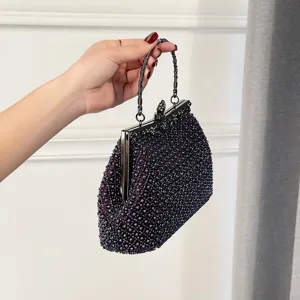Women Beaded Evening Clutch Bag Elegant Dark Purple Party Handbag Metallic Frame Purse
