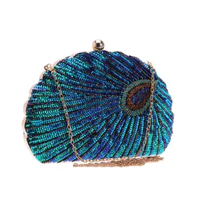 Vintage Polyester Beaded Evening Bag Sequins Peacock Embroidery Shell Handbag Women Elegant Wedding Banquet Clutch