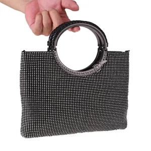 Women Rhinestone Evening Bag Sparkling Crystal Clutch Purse With Round Metal Handle Fashion Party Wedding Handbag