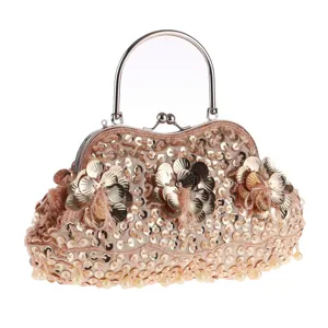 Retro Handgemachte Pailletten Perlen Abendtasche Detail, Elegante Metallgriff Handtasche.