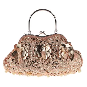 Elegante Vintage Pailletten Perlen Abendtasche Metallgriff Clutch Tasche für Damen