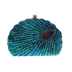 Peacock beaded sequin clutch evening bag exquisite design detail view for party dress.