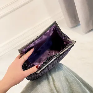 Elegant purple beaded evening clutch bag for women, luxury metallic frame and satin lining.