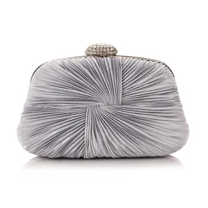 Elegant silver pleated evening clutch bag featuring a dazzling rhinestone clasp detail.