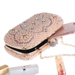 Elegant pearl rhinestone evening clutch bag wedding bridal prom handbag gold chain.