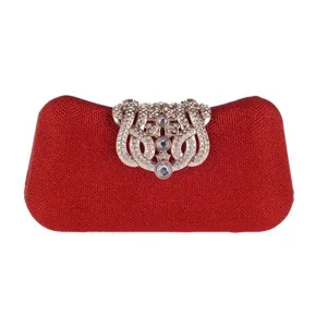 Elegant red glitter evening clutch bag featuring stunning rhinestone crown clasp.