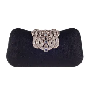 Black evening clutch bag for women with sparkling crystal crown clasp hard shell purse.