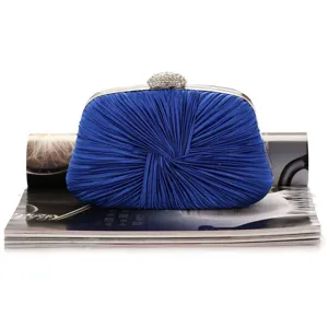 Elegant royal blue pleated evening clutch bag with sparkling rhinestone clasp for women banquets.