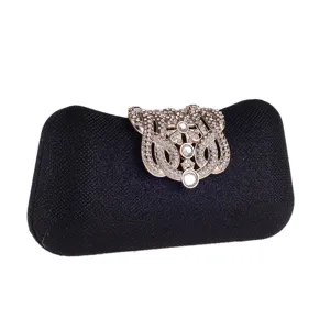 Black evening clutch bag with sparkling rhinestone metal buckle hard shell detail for women party