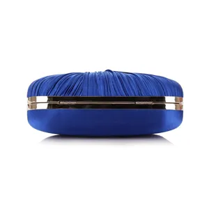 Royal blue pleated evening clutch bag with gold metal frame for women banquet dress.